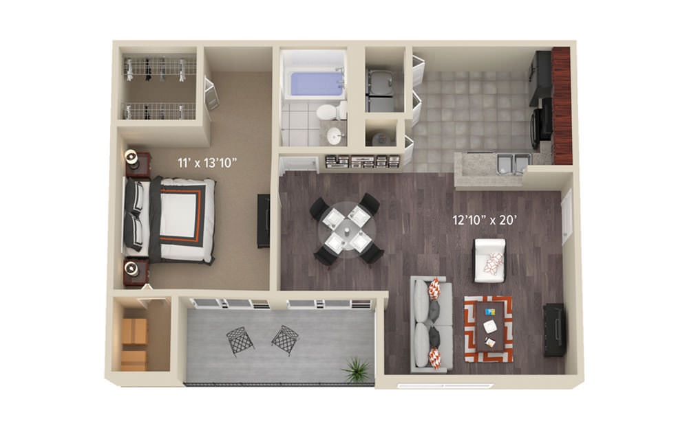 A2 Oak - 1 bedroom floorplan layout with 1 bath and 844 square feet.