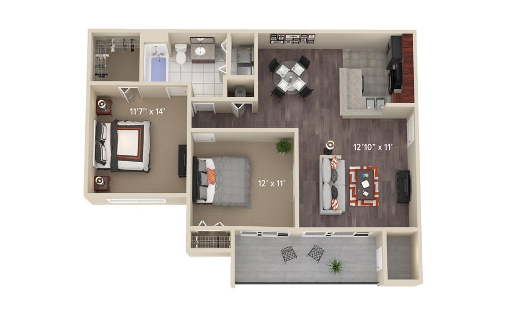 B1 Cedar  - 2 bedroom floorplan layout with 1 bath and 1007 square feet.