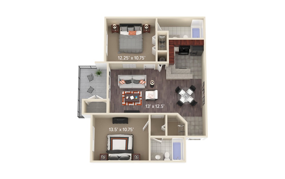 B2 Maple - 2 bedroom floorplan layout with 2 baths and 1027 square feet.