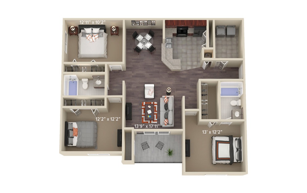 C2 Willow  - 3 bedroom floorplan layout with 2 baths and 1412 square feet.