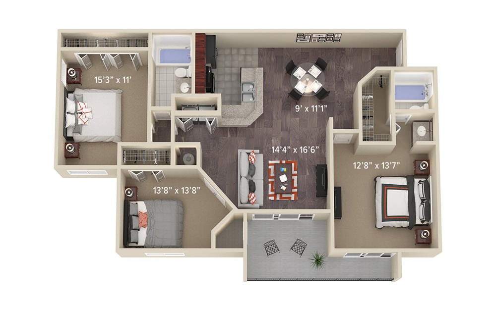 C1 Spruce  - 3 bedroom floorplan layout with 2 baths and 1354 square feet.